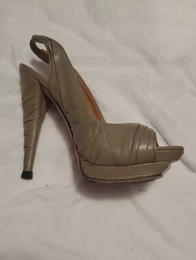 L.A.M.B. Olive Green Peep-Toe Platform Slingback Heel